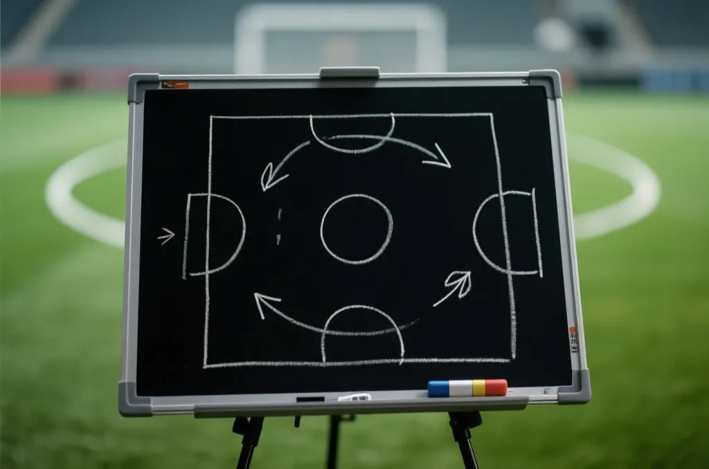 绿茵场边的战术板，密密麻麻的战术路线与博弈